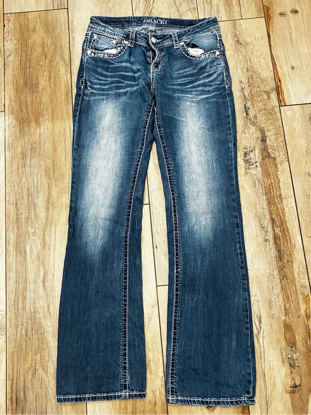 Grace Blue Wash bootcut  Jeans with Subtle Distress